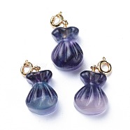 Carved Natural Fluorite Pendants, with Brass Spring Ring Clasps, Long-Lasting Plated, Money Bag, Golden, 26mm, Pendant: 19x12.5x10mm(G-J387-44)