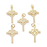 Brass Micro Pave Clear Cubic Zirconia Pendants, with Jump Ring, Long-Lasting Plated, Cross with Heart, Real 18K Gold Plated, 25.5x16x2mm, Jump Rings: 5x1mm, 3mm Inner Diameter(ZIRC-L100-112G)