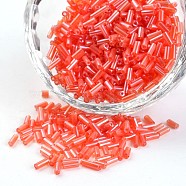Transparent Colours Pearl Luster Plated Round Hole Glass Bugle Beads, Orange Red, 2~5x1.8~2mm, Hole: 0.8mm, about 12000pcs/450g(SEED-I001-109B)