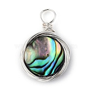 Natural Abalone Shell/Paua Shell Pendants, with Copper Wire, Flat Round, Silver Color Plated, 17x10.5x2.5mm, Hole: 3mm(PALLOY-JF00457-05)