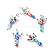 Handmade Millefiori Glass Pendants, with Tibetan Style Alloy Beads and 304 Stainless Steel Jump Rings, Angel, Mixed Color, 32.5x18x6mm, Jump Ring: 6x0.8mm, Inner Diameter: 4.5mm(PALLOY-JF01886)