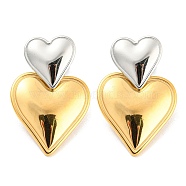 304 Stainless Steel Double Heart Dangle Stud Earrings for Women, Golden & Stainless Steel Color, 32.5x20mm(EJEW-D076-01C-GP)