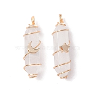 Natural Quartz Crystal Copper Wire Wrapped Pendants, Rock Crystal, Faceted Bullet Charms with Light Gold Tone Star & Moon Brass Beads, 36~37.5x10~10.5x11~12mm, Hole: 3.5~4mm, 2pcs/set(PALLOY-JF02535-01)