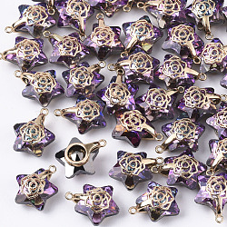 Electroplate Glass Pendants, with Light Gold Plated Brass Ice Pick Pinch Bails, Faceted, Star with Rose, Medium Orchid, 16x13.5x7mm, Hole: 1.2mm(X-EGLA-N005-003C)