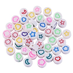 100Pcs Handmade Polymer Clay Beads, Flat Round with Star/Heart/Moon/Flower Pattern, White, 10x44mm, Hole: 1.6mm(CLAY-CJ0001-54)