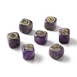 7Pcs 7 Styles Natural Amethyst Beads, with Long-Lasting Plated Golden Tone Brass Chakra Pattern Slices, Lead Free & Cadmium Free, No Hole, Cube, 15.5~18x15~17x14.5~17mm, 1pc/style(G-H272-08G)