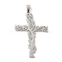 304 Stainless Steel Pendants, Tree of Life Cross Charm, Stainless Steel Color, 48.5x33.5x1.3mm, Hole: 5.5x3mm(STAS-H184-08P)