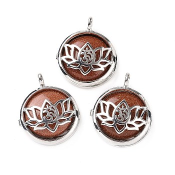 Synthetic Goldstone Locket Pendants, Flat Round Charms, with Platinum Plated Brass Lotus Findings, 31.5x27x9mm, Hole: 4.6mm