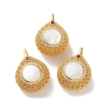 Rack Plating Brass Rd Cubic Zirconia Bead Cage Pendants, Flat Round Cage Charms with Natural White Shell, Long-Lasting Plated, Golden, 38x28.5x16.5mm, Hole: 5.5x5.5mm, Inner Diameter: 16.5mm