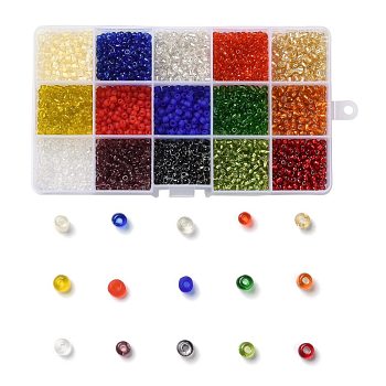 180G 15 Colors Glass Seed Beads, Transparent Colours, Round, Mixed Color, 6/0, 4~5x2.5~4.5mm, Hole: 1.2~1.5mm, 12g/color