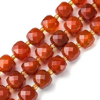 Natural Carnelian Beads Strands, with Seed Beads, Faceted Cube, 8~9x8~9x8~9mm, Hole: 0.9~1mm, about 35~39pcs/strand, 14.80''~15.16''(37.6~38.5cm)