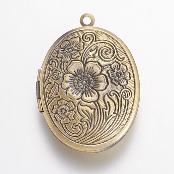 Brass Locket Pendants, Oval with Flower, Brushed Antique Bronze, 33x23.5x7mm, Hole: 1.5mm