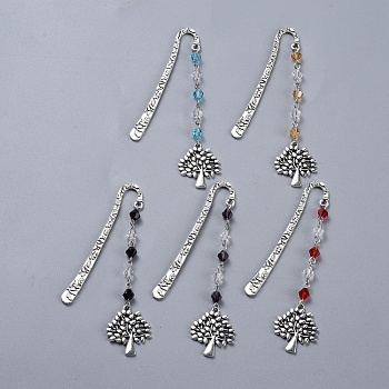 Alloy Bookmarks, with Glass Beads, Tree, Antique Silver, Mixed Color, 101.5mm