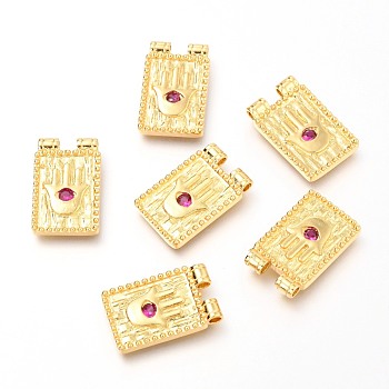 Brass Micro Pave Purple Cubic Zirconia Pendants, Rectangle with Hamsa Hand, Real 18K Gold Plated, 20x13x2.4mm, Hole: 1.8mm