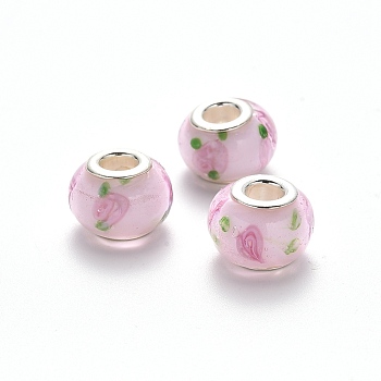 Handmade Lampwork European Beads, Large Hole Rondelle Beads, with Platinum Tone Brass Double Cores, Pearl Pink, 14~15x9~10mm, Hole: 5mm