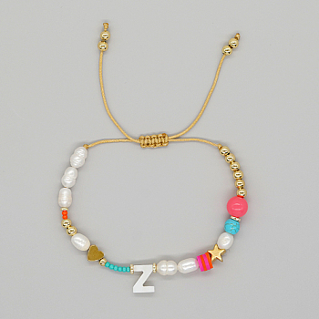 Initial Letter Natural Pearl Braided Bead Bracelet, Adjustable Bracelet, Letter Z, 11 inch(28cm)