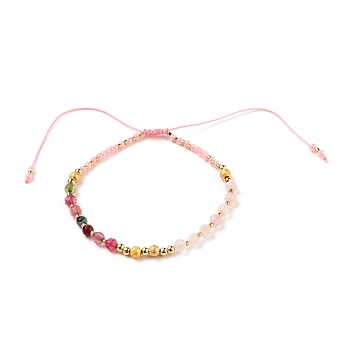 Adjustable Nylon Thread Braided Bead Bracelets, with Natural Rose Quartz & Agate Beads, Glass Seed Beads and Brass Beads, Real 18K Gold Plated, 2-3/8~3-7/8 inch(5.9~10.1cm)