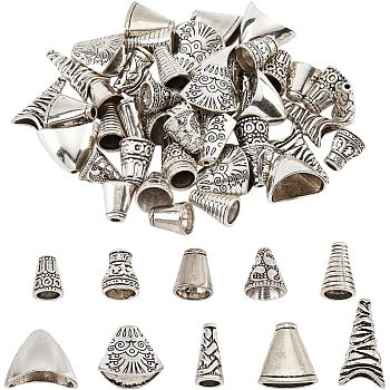 50Pcs 10 Style Tibetan Style Alloy Bead Cone & Caps, Antique Silver, 12~24x11~20x6~12mm, Hole: 1~10mm, 5pcs/style