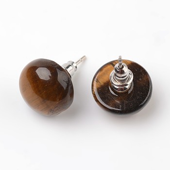 Half Round Dome Natural Tiger Eye Stud Earrings, with Platinum Plated Brass Findings, 18mm, Pin: 0.8mm