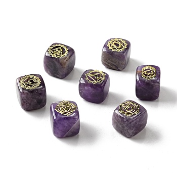 7Pcs 7 Styles Natural Amethyst Beads, with Long-Lasting Plated Golden Tone Brass Chakra Pattern Slices, Lead Free & Cadmium Free, No Hole, Cube, 15.5~18x15~17x14.5~17mm, 1pc/style