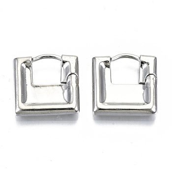 Brass Huggie Hoop Earrings, Square, Nickel Free, Real Platinum Plated, 19x18.5x3mm, Pin: 1mm