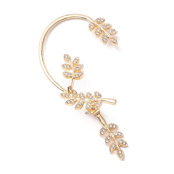 Leaf Crystal Rhinestone Ear Cuffs with Piercing, Alloy Wrap Stud Earrings for Women, Golden, 64x40x14mm, Pin: 0.5mm
