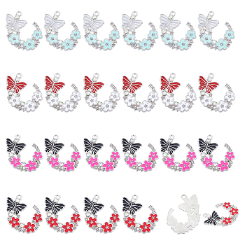 Nbeads 24Pcs 4 Colors Alloy Rhinestone Pendants, with Enamel, Platinum, Butterfly with Flower, Mixed Color, 22x29x2mm, Hole: 1.8mm, 6pcs/color