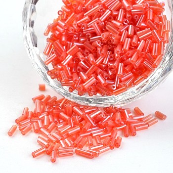 Transparent Colours Pearl Luster Plated Round Hole Glass Bugle Beads, Orange Red, 2~5x1.8~2mm, Hole: 0.8mm, about 12000pcs/450g