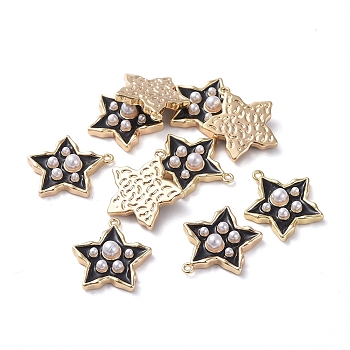 Brass Enamel Pendants, with Acrylic Pearl, Star, Real 18K Gold Plated, Black, 15.5x14.4x3.8mm, Hole: 1mm
