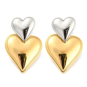 304 Stainless Steel Double Heart Dangle Stud Earrings for Women, Golden & Stainless Steel Color, 32.5x20mm