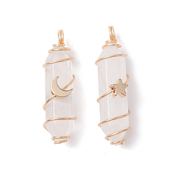 Natural Quartz Crystal Copper Wire Wrapped Pendants, Rock Crystal, Faceted Bullet Charms with Light Gold Tone Star & Moon Brass Beads, 36~37.5x10~10.5x11~12mm, Hole: 3.5~4mm, 2pcs/set