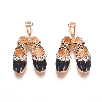 Light Gold Plated Alloy Enamel Pendants, with Crystal Rhinestone, Shoes, Black, 26x15x4.5mm, Hole: 1.5mm