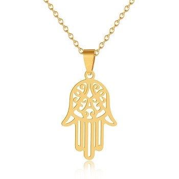 Hollow Hamsa Hand Pendant Necklace, Stainless Steel Cable Chain Necklaces for Women's 