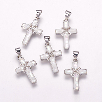 Brass Micro Pave Cubic Zirconia Pendants, with White Shell, Cross, Platinum, 21.5x14x2mm, Hole: 3.5x4.5mm
