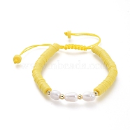 Adjustable Nylon Thread Braided Bead Bracelets, with Natural Cultured Freshwater Pearls and Handmade Polymer Clay Beads, Brass Beads, Golden, Yellow, 5.6~9.3cm(BJEW-JB05124-01)
