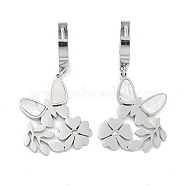 Butterfly 304 Stainless Steel Shell Dangle Earrings, Flower Rhinestone Hoop Earrings for Women, Stainless Steel Color, 41x20mm(EJEW-L283-067P)