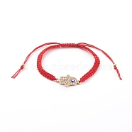 Adjustable Nylon Thread Braided Bead Bracelets, Red String Bracelets, with Enamel and Alloy Rhinestone Links, Hamsa Hand with Evil Eye, Golden, Red, Inner Diameter: 2-1/8~3-1/2 inch(5.3~8.8cm)(BJEW-JB06076-02)