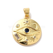 Rack Plating Brass Micro Pave Cubic Zirconia Pendants, Cadmium Free & Lead Free, Real 18K Gold Plated, Flat Round with Eye & Moon & Star, Midnight Blue, 21x18x3mm, Hole: 4.3x3.4mm(KK-A160-15G)