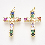 Brass Micro Pave Cubic Zirconia Pendants, Cross, Golden, Colorful, 28x16x3mm, Hole: 3mm, Ring: 5x0.8mm(ZIRC-S061-119)