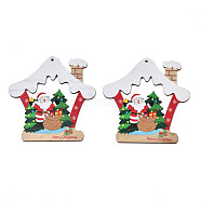 Christmas Theme Single-Sided Printed Wood Big Pendants, House with Santa Claus, Colorful, 109x105x2.5mm, Hole: 3mm(WOOD-N005-64)