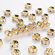 Brass Grade A Rhinestone Spacer Beads, Golden Plated, Rondelle, Nickel Free, Crystal AB, 7x3.2mm, Hole: 1.2mm(RSB037NF-02G)