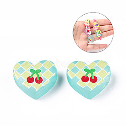 Transparent Printed Acrylic Beads, for Hair Rope DIY, Large Hole Beads, Rubberized Style, Heart with Cherry Pattern, Turquoise, 14x18x8mm, Hole: 4mm(MACR-S373-124-H03)