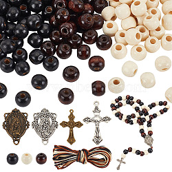 Elite Wood Rosary Beaded Style Necklaces Bracelet Making Kit, Cross & Virgin Mary Alloy Pendants Jewelry Set, Antique Bronze & Antique Silver, 10x4mm(DIY-PH0021-64)