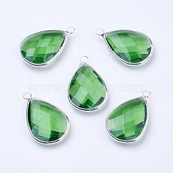 Silver Color Plated Brass Glass Teardrop Pendants, Faceted, Lime, 18x10x5mm, Hole: 2mm(GLAA-M006-A-10S)