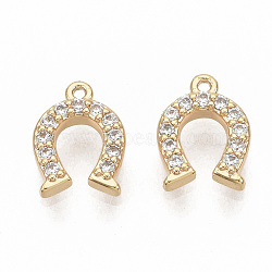 Brass Micro Pave Clear Cubic Zirconia Charms, Nickel Free, Real 18K Gold Plated, Horseshoe, 9x6.5x1.5mm, Hole: 0.7mm(ZIRC-T011-09G-NF)