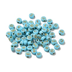 Plating Acrylic Beads, Golden Metal Enlaced, Horizontal Hole, Flat Round with Letter, Light Sky Blue, 6.5~7x3.5~4mm, Hole: 1.6mm, about 3600g/500g(OACR-P017-A08)