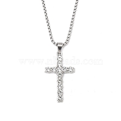 Zinc Alloy with Rhinestone Cross Pendant Necklaces, 201 Stainless Steel Chains Necklaces, Stainless Steel Color, 23.54 inch(59.8cm), Cross: 37.5x22.5mm(NJEW-M211-07B-P)