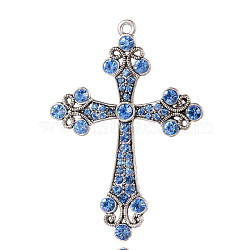 Alloy Rhinestone Big Pendants, Latin Cross Clenchee, Antique Silver, Sapphire, 73x51x5mm, Hole: 3mm(RB-J112-03AS)