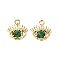 Natural Malachite Eye Charms, with Vacuum Plating Real 18K Gold Plated 201 Stainless Steel Findings, 15x14.5x3.5mm, Hole: 2.5mm(STAS-J401-VC553)
