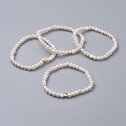 Stretch Bracelets, with Brass Beads, Grade A Natural Freshwater Pearl Beads and Burlap Packing Pouches Drawstring Bags, White, 2-1/8 inch(5.4cm)(BJEW-JB04621)